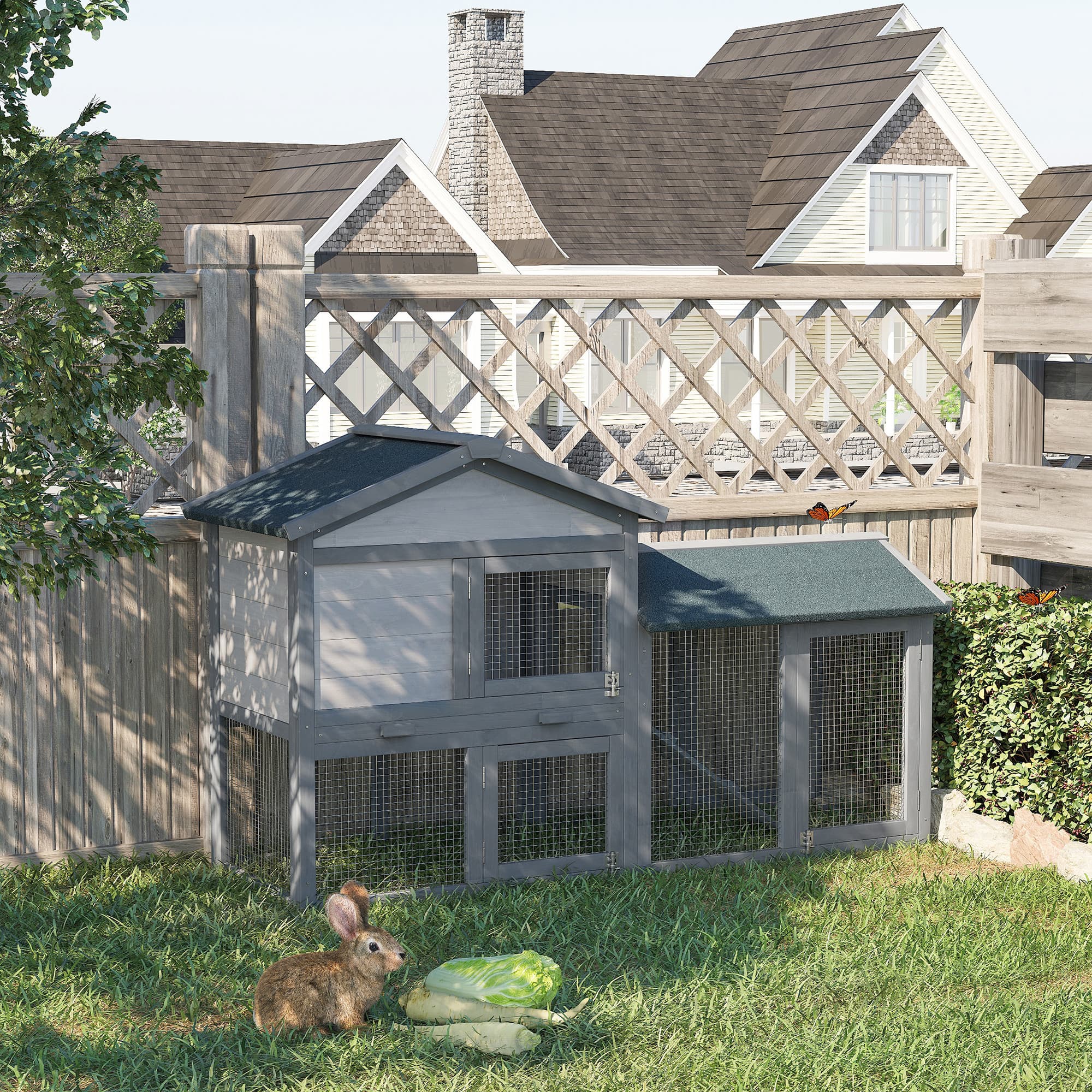  58" Large Rabbit Hutch Outdoor Indoor, Wooden Bunny Hutch, Guinea Pig Cage with Run, Removable Tray, Asphalt Roof, Lockable Doors and Ramp, for 1-2 Small Rabbits, Chickens, Ducks, Dark Gray