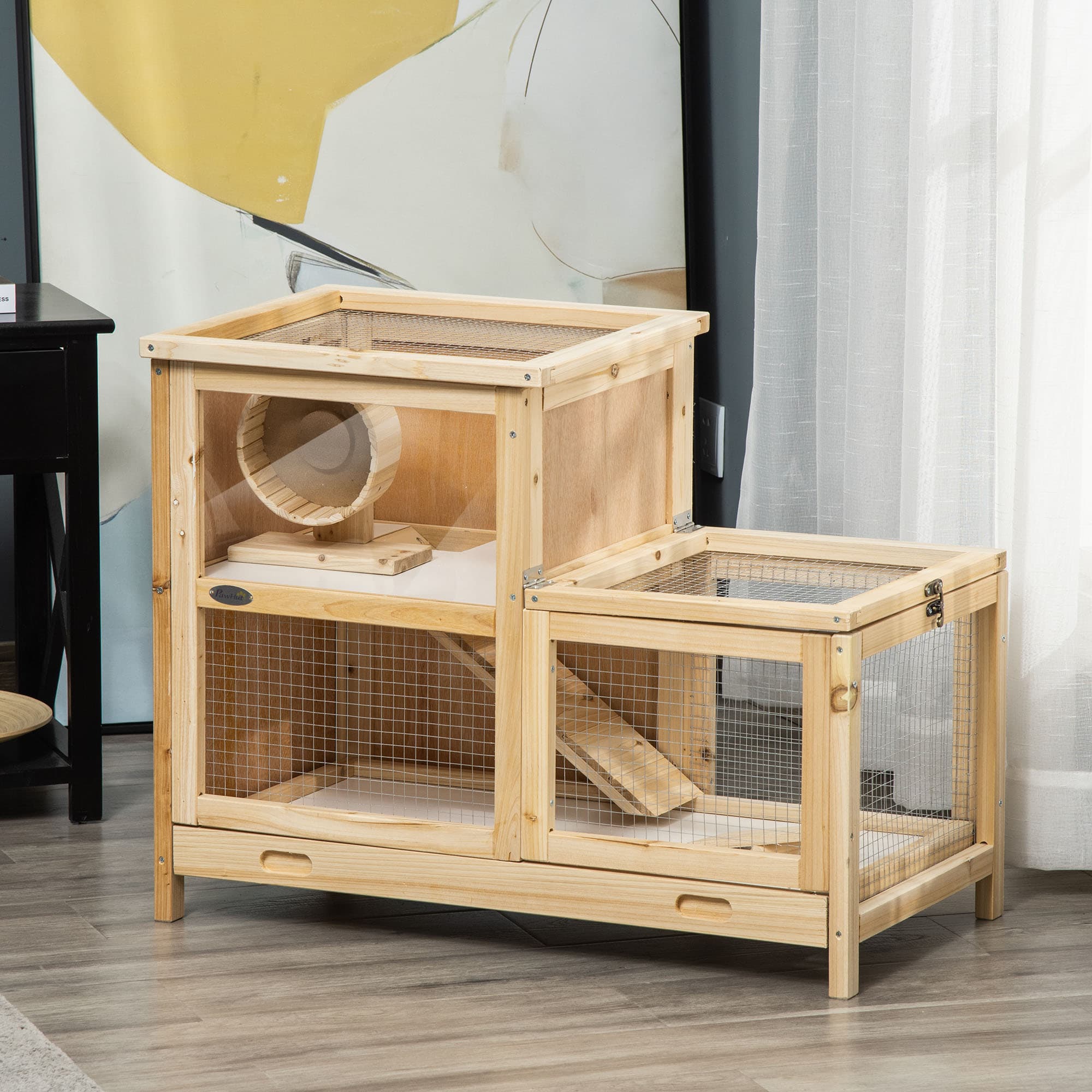  2-Tier Wooden Hamster Cage, Small Animals Hutch, w/ Seesaw, Tray