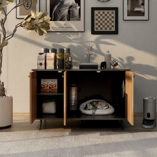 Litter Box Enclosure, Cat Litter Box Furniture With Hidden Plug, 3 Doors,Indoor Cat Washroom Storage Bench Side Table Cat House, Large Wooden Enclused Litter Box House, Black And Walnut