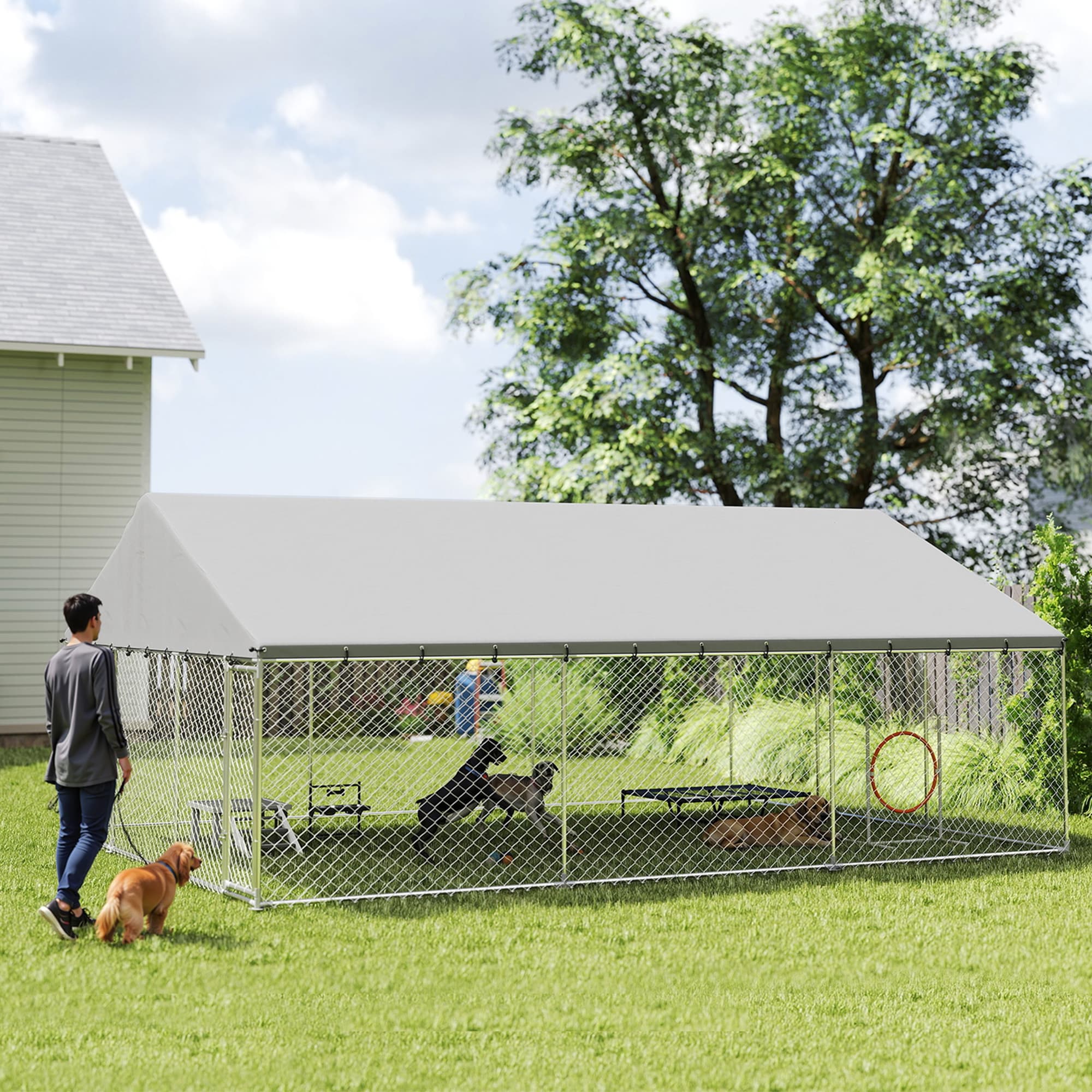  Heavy Duty Outdoor Dog Kennel with Waterproof Roof, 2 Secure Latches, Chain Link Dog Run for Backyard, 20' x 15' x 8'