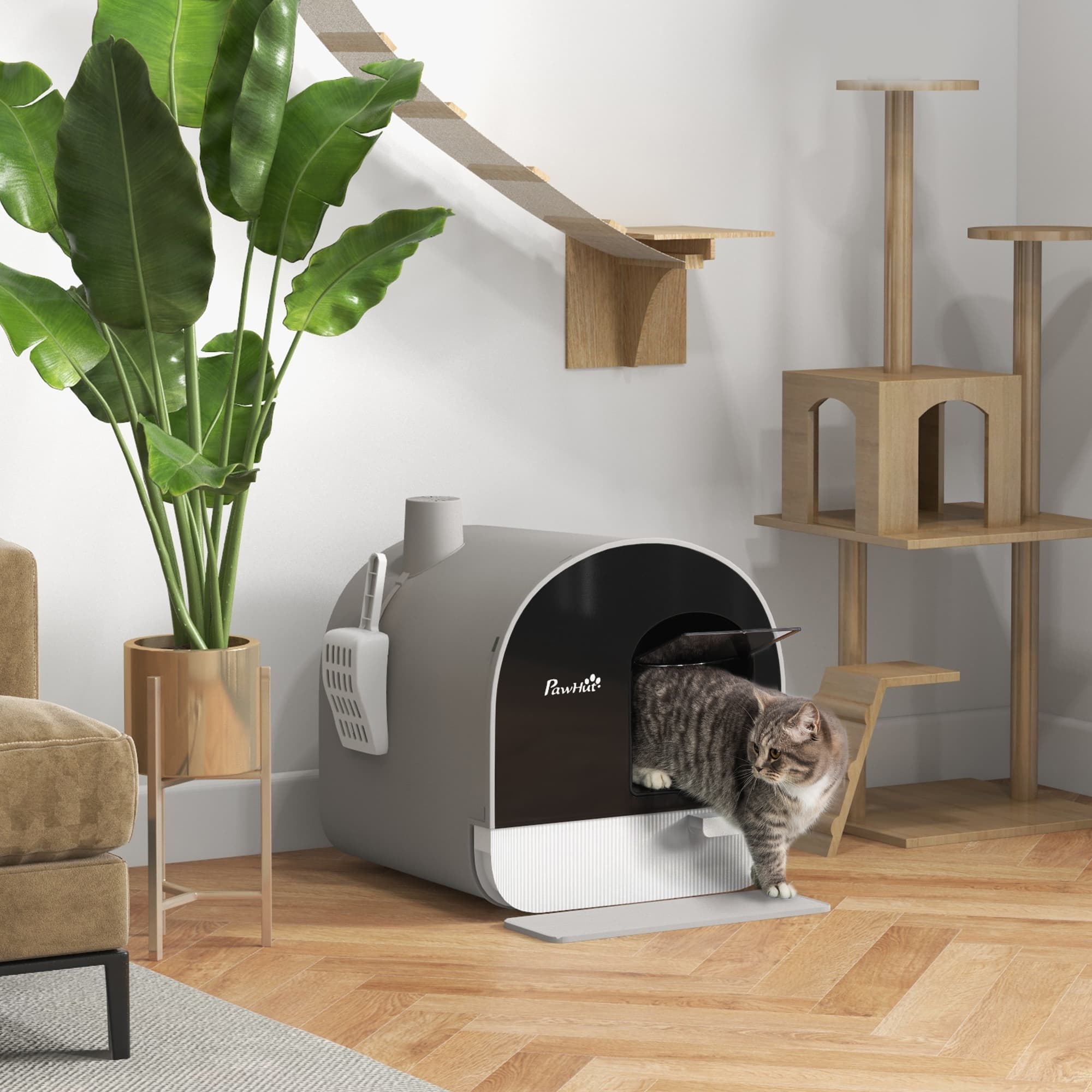  Cat Litter Box with Lid with Scoop and Filter, Light Gray