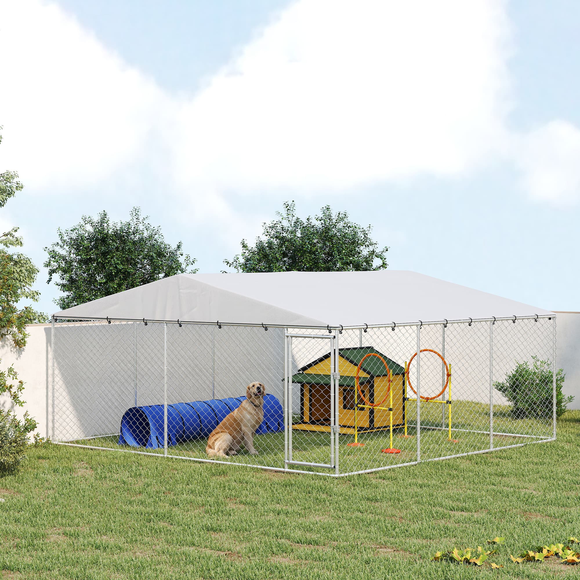  15' x 15' x 7' Dog Kennel Outdoor for Small Medium Large Dogs with Waterproof Roof, Silver