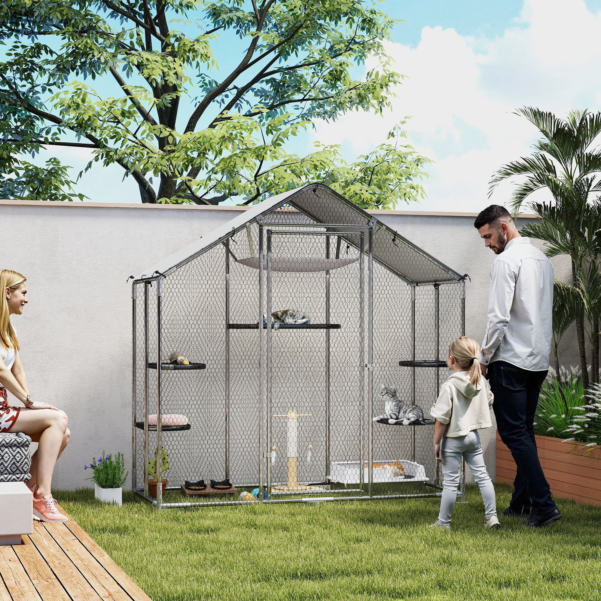  Large Catio Outdoor Cat Enclosure with Waterproof Cover, Walk-in Cat Patio w/ 5 Adjustable Platforms & Hammock