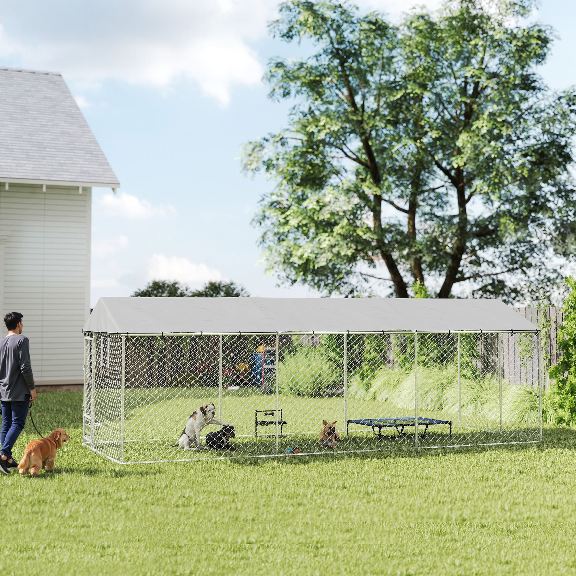  Dog Kennel Outdoor Dog Run Waterproof UV-Resist Cover Lockable Door Adjustable Bowls 20 x 7.5 x 6.5ft