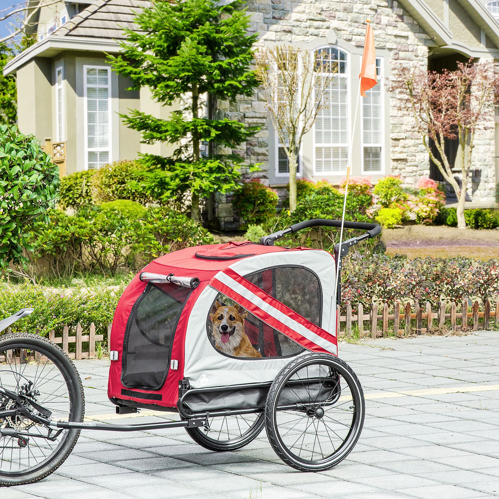 2-in-1 Pet Bike Trailer for Small Medium Dogs, Road-Visibility Dog Stroller Bicycle Carrier, Weather-Strong Bike Wagon Trailer Sidecar Attachment, Red