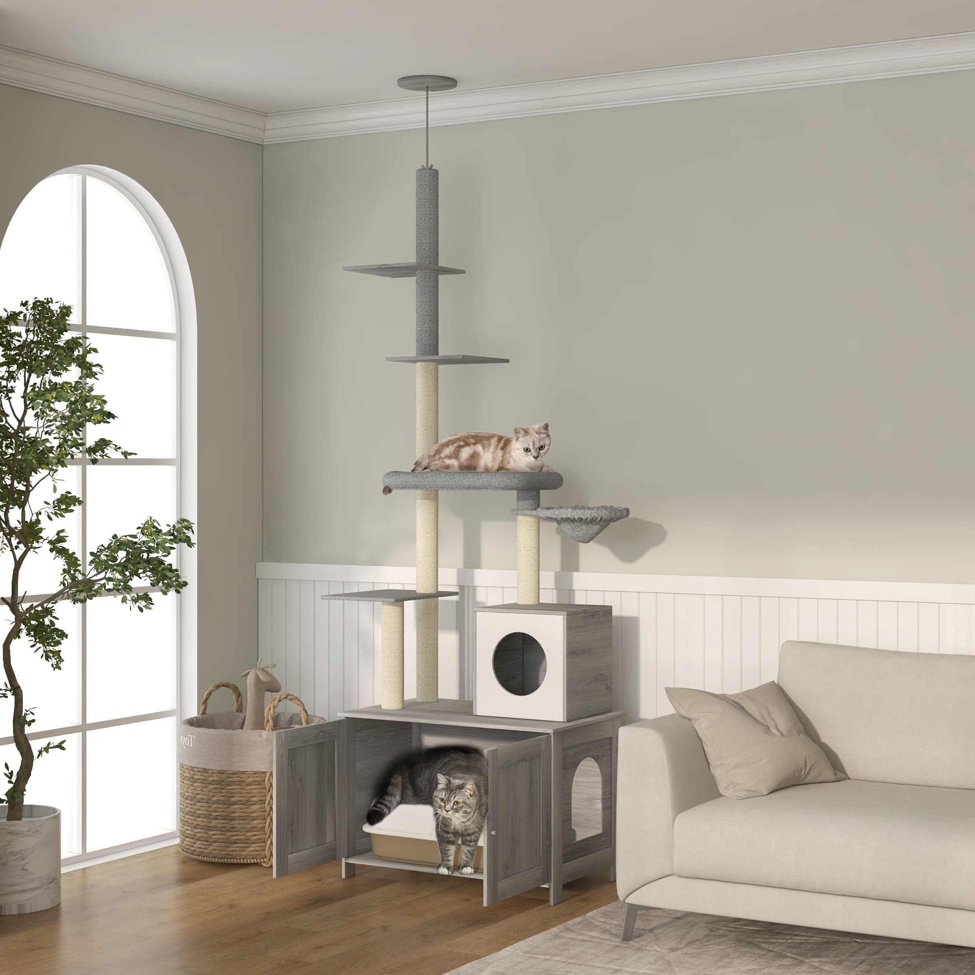  2 in 1 Floor to Ceiling Cat Tree with Litter Box Enclosure, Condo, Bed, Hammock, Scratching Posts, and Platforms, Gray