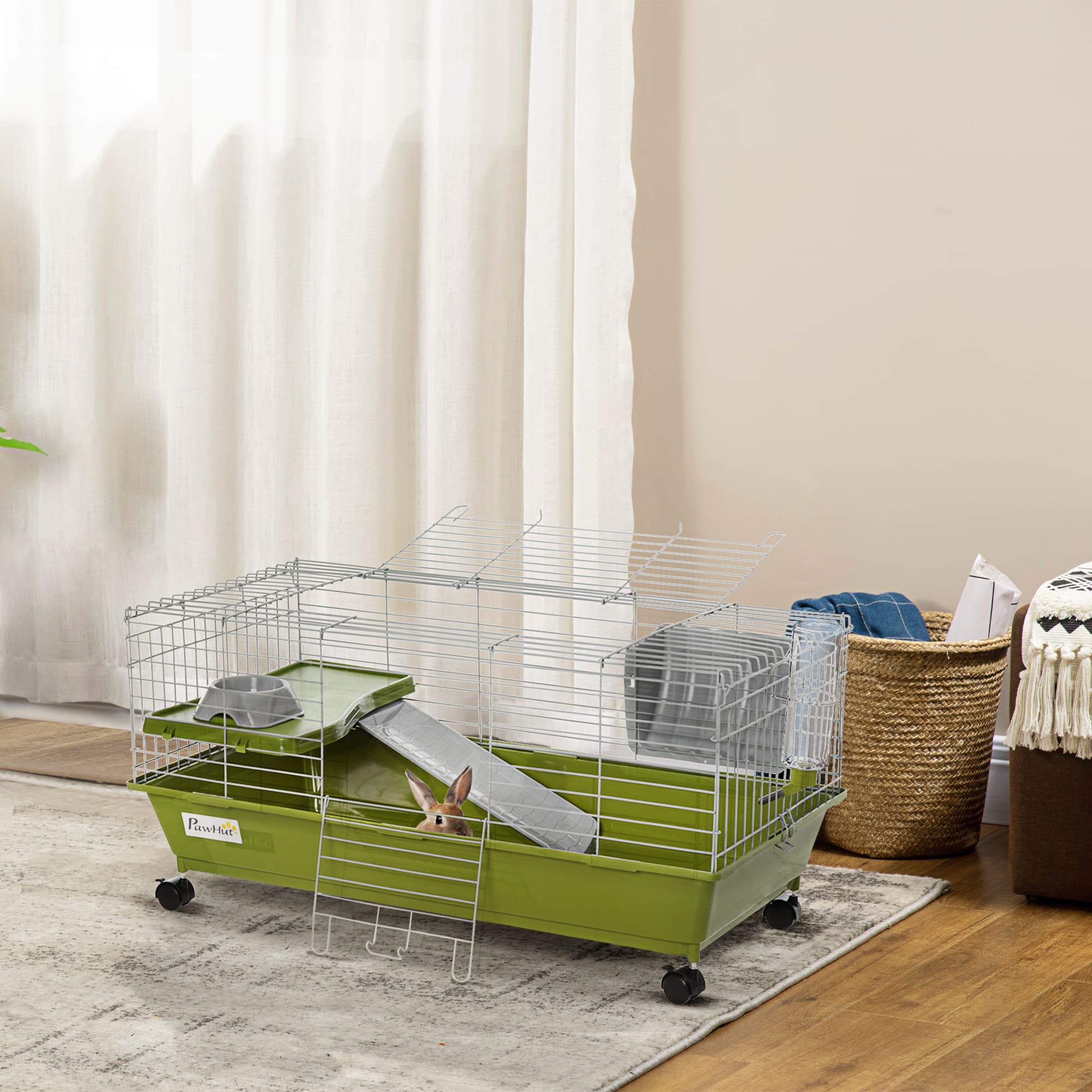  35"L Small Animal Cage, Rolling Bunny Cage, Guinea Pig Cage with Food Dish, Water Bottle, Hay Feeder, Platform, Ramp for Chinchilla, Green