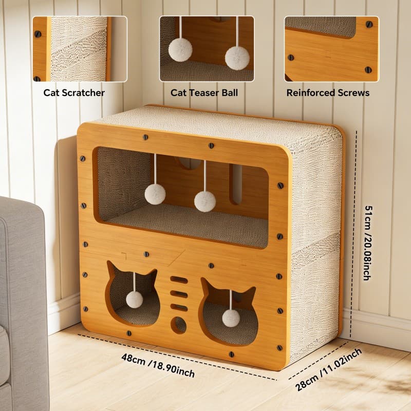 45cm Double Layer Double Cat Head Cat Scratcher Sofa, With 4 Teaser Balls, Wood -Corrugated Scratcher, Cat Claw Care & Resting Toy