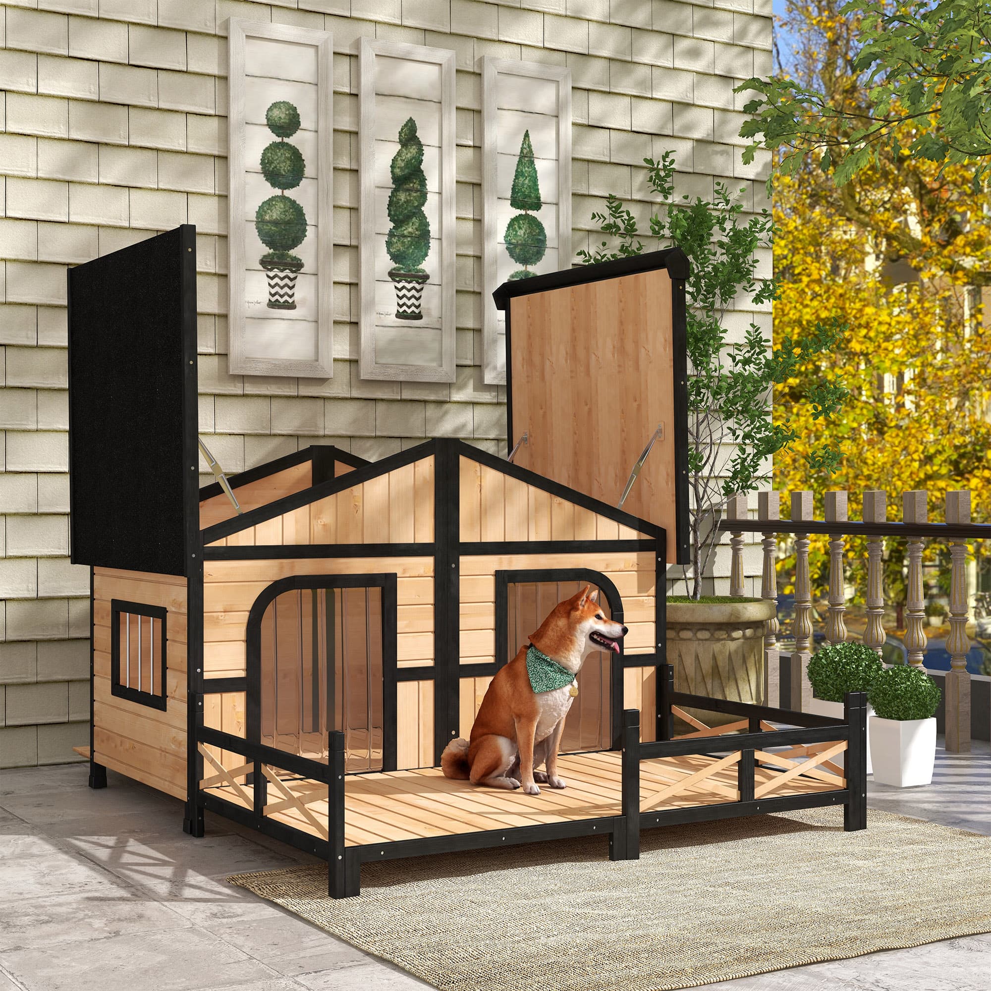 59x64x39 Large Wooden Dog House Raised Weatherproof Rustic Log Cabin Style Elevated Pet Shelter Porch Deck, Natural