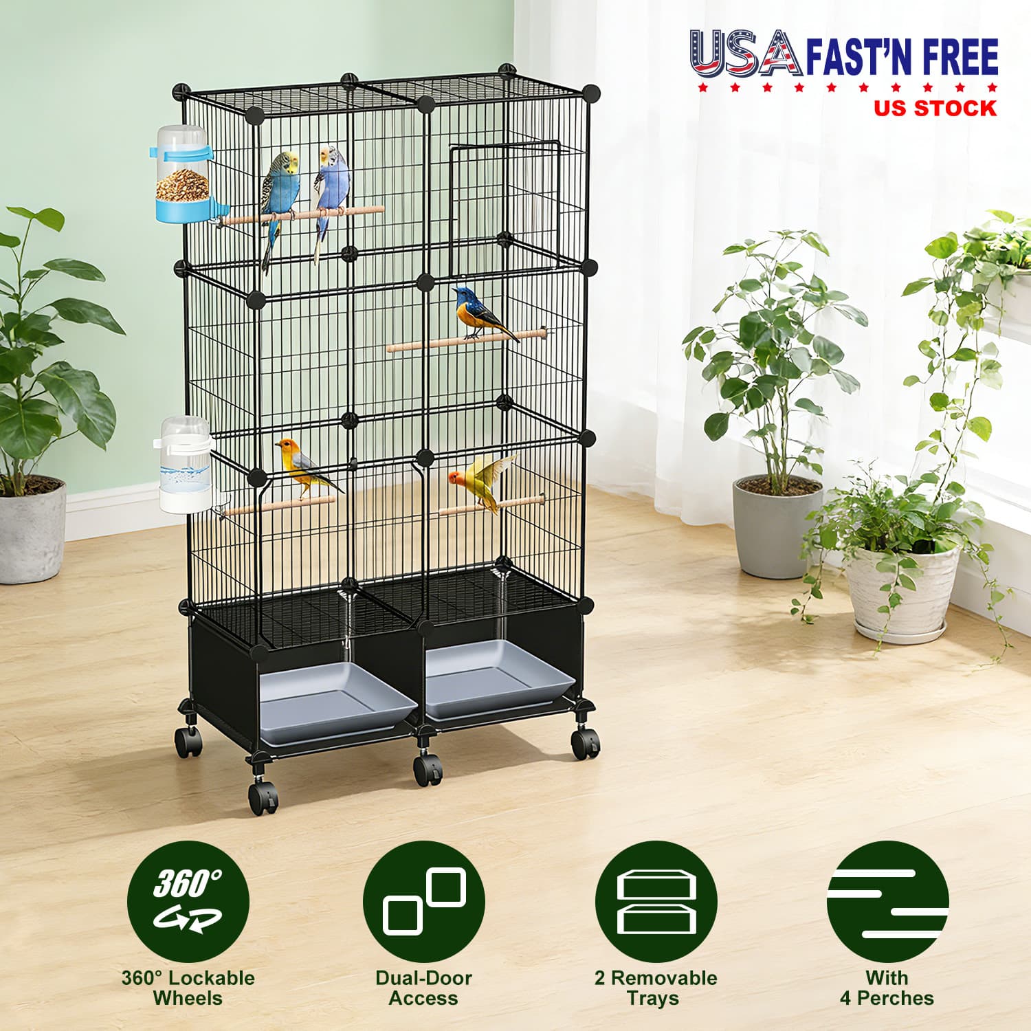 1Pc  46in Bird Cage Spacious Indoor Pet Bird House With 4 Wooden Perches 2 Slide-Out Tray2 Water Bottle&Feeder Lockable Wheels For Parrot Parakeets Cockatiel Lovebird Small Mid-Sized Birds