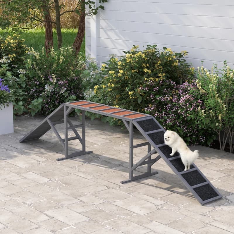 PawHut Dog Agility Equipment Ramp With Safety Bar, Non-slip Surface, For Walk And Pause Training, Gray
