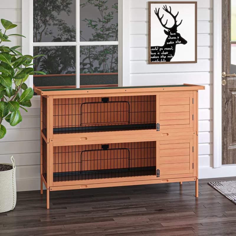 2-Story Large Rabbit Hutch Bunny Cage Wooden Pet House Small Animal Habitat With Lockable Doors, No Leak Tray And Waterproof Roof For Rabbits, Chickens, Ducks, Outdoor Indoor Natural